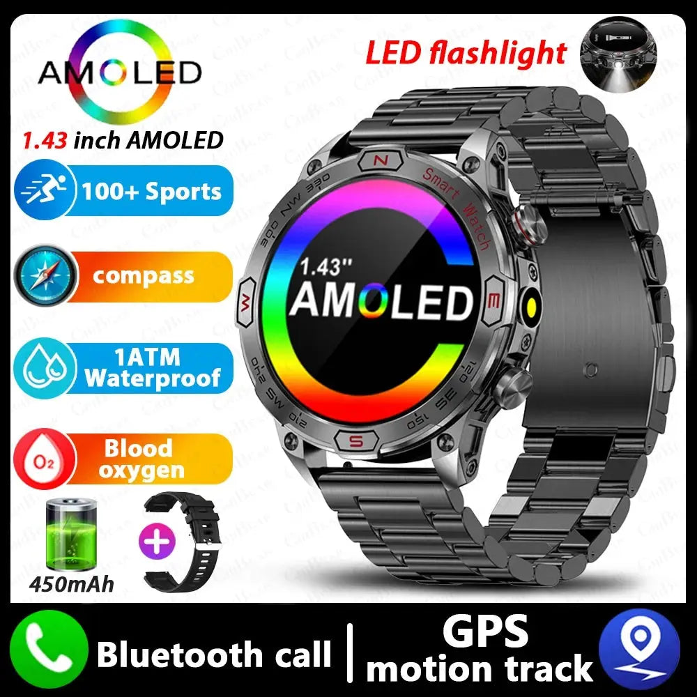 Elegance EliteTrack Smartwatch GPS Tracking LED Lights Outdoor Military Bluetooth Call Smartｗatch Men AMOLED HD Screen 1ATM Waterproof Sports Smart Watch IOS Android