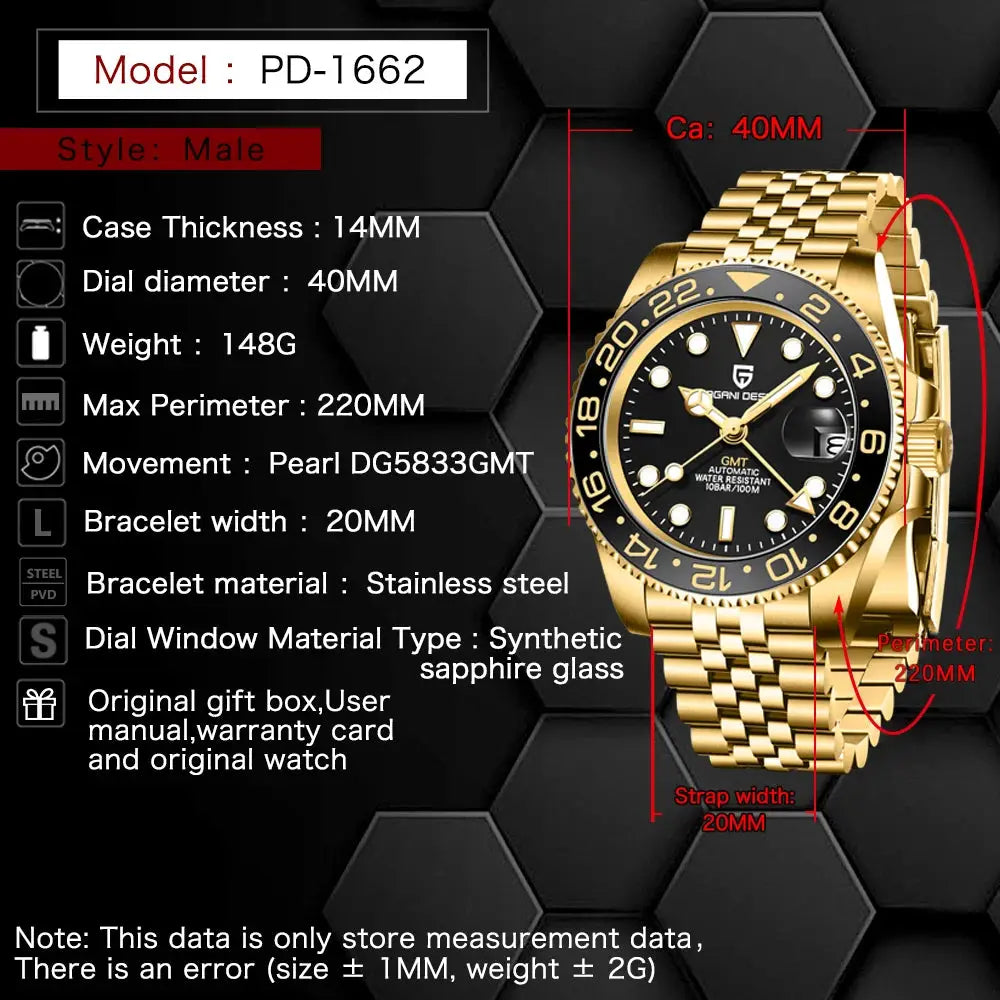 ELEGANCE® P1662 GOLD Men Watch Mechanical Luxury Ceramic Bezel Automatic 100M Waterproof GMT Wristwatch