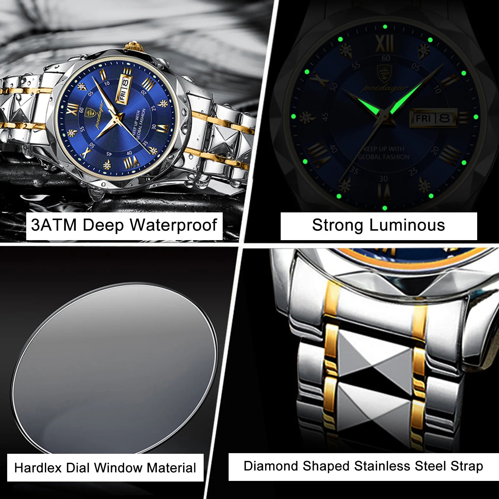 Elegance 615 LuxeTime Men Watch Luxury Quartz Waterproof Date Week Luminous Wristwatch Stainless Steel Men's Watches Male Clock Sports
