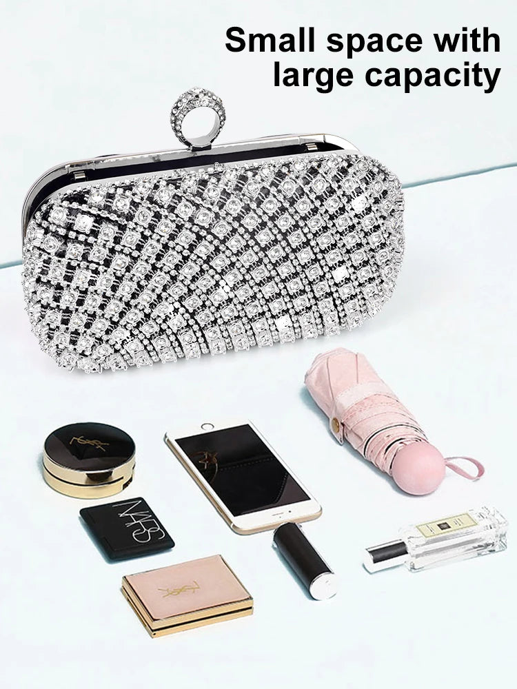 Elegance Radiant Chic Rhinestone Clutch - Small Square Purse Trend Luxury Designer Chain Shoulder Bag Women's Handbags Wallets Evening Bag For Wedding ﻿