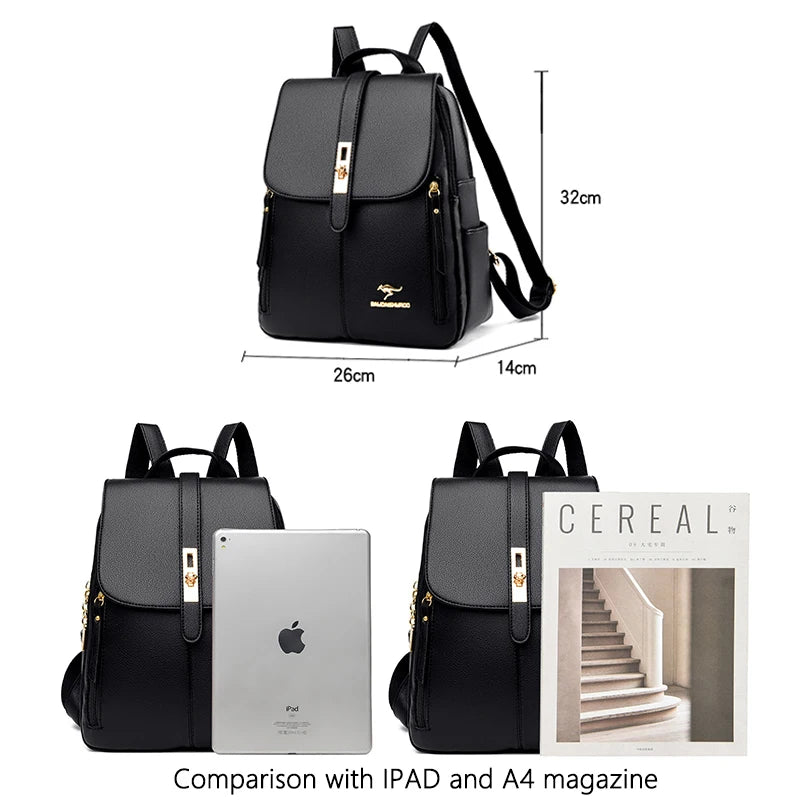 Elegance Chic Voyager 3649 Luxury Women Leather Backpacks for Girls Sac Casual Daypack Black Vintage Backpack School Bags for Girls Mochila Rucksack