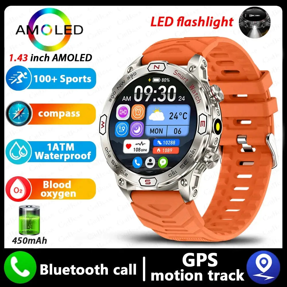 Elegance EliteTrack Smartwatch GPS Tracking LED Lights Outdoor Military Bluetooth Call Smartｗatch Men AMOLED HD Screen 1ATM Waterproof Sports Smart Watch IOS Android