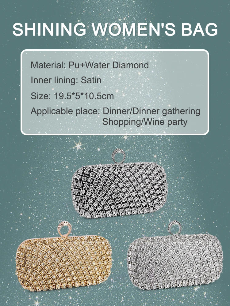 Elegance Radiant Chic Rhinestone Clutch - Small Square Purse Trend Luxury Designer Chain Shoulder Bag Women's Handbags Wallets Evening Bag For Wedding ﻿