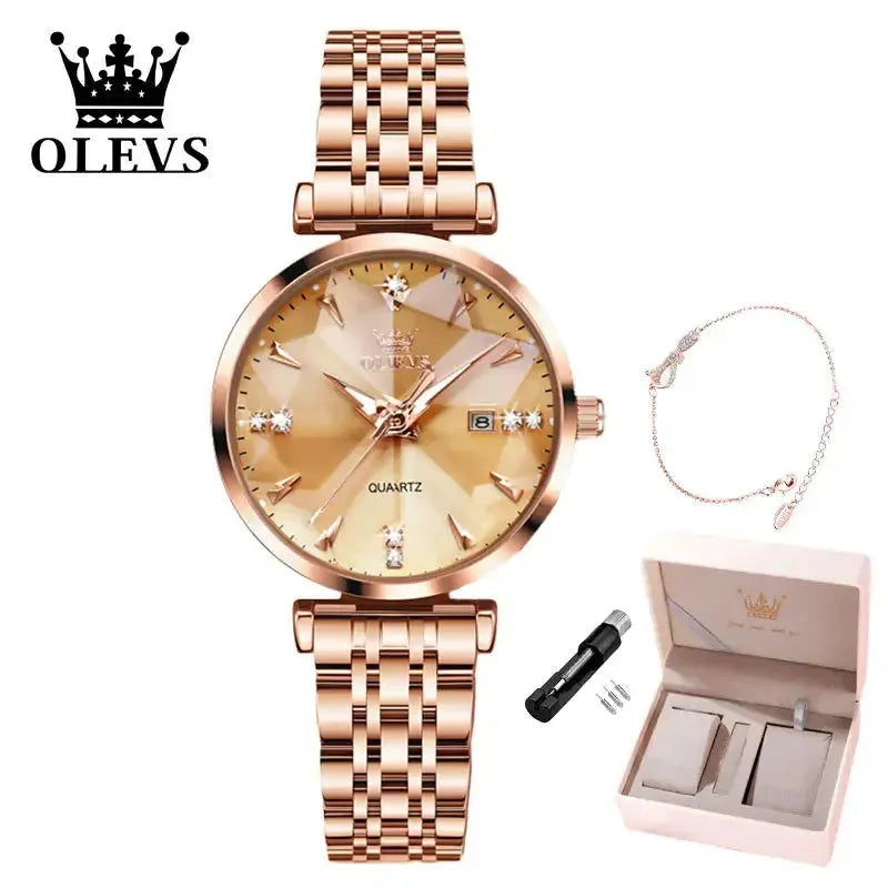 ELEGANCE® Women Luxury Jewelry Quartz Watch Waterproof Stainless steel Strap Rose Gold Watch for Women Fashion Watch Bracelet Set OLEVS