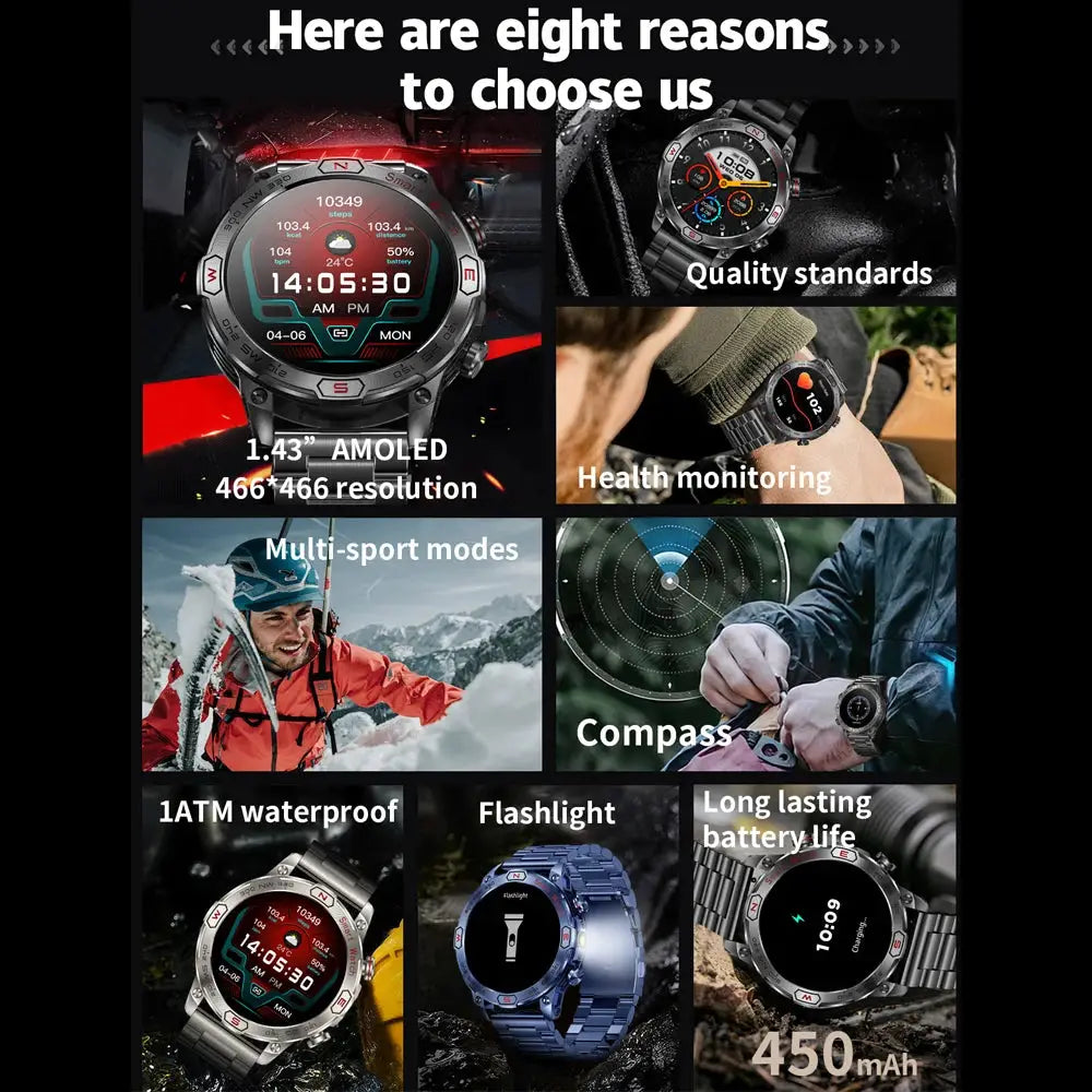 Elegance® EliteTrack Smartwatch GPS Tracking LED Lights Outdoor Military Bluetooth Call Smartｗatch Men AMOLED HD Screen 1ATM Waterproof Sports Smart Watch IOS Android