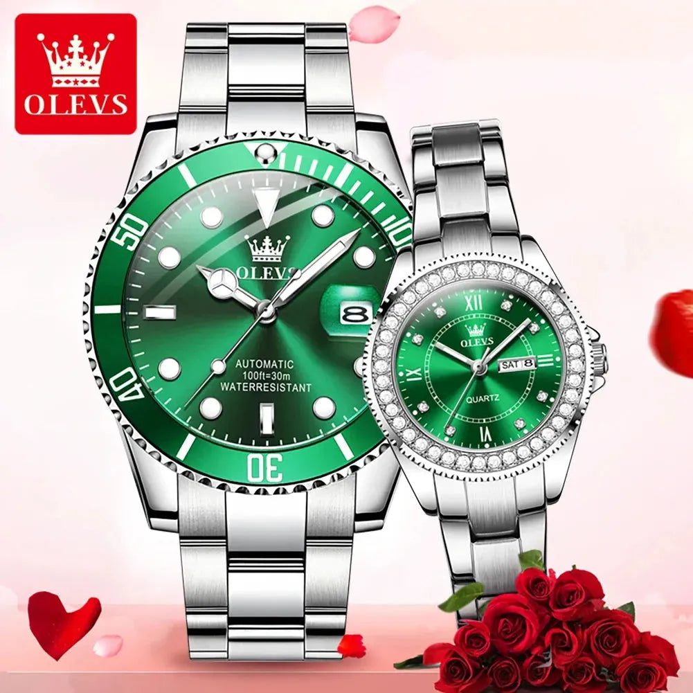 Elegance® 5885 Luxury Brand Couple Watches Set Waterproof Green Men's and Women's Quartz Watch Romantic Lover Calendar Week Wristwatch