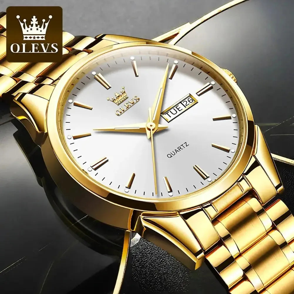 Elegance® 6898 Gold Classic Men Wristwatch Classic Gold Wrist Watches For Top Brand Luxury Business Date Waterproof Luminous Stainless Steel Men Quartz Wristwatch