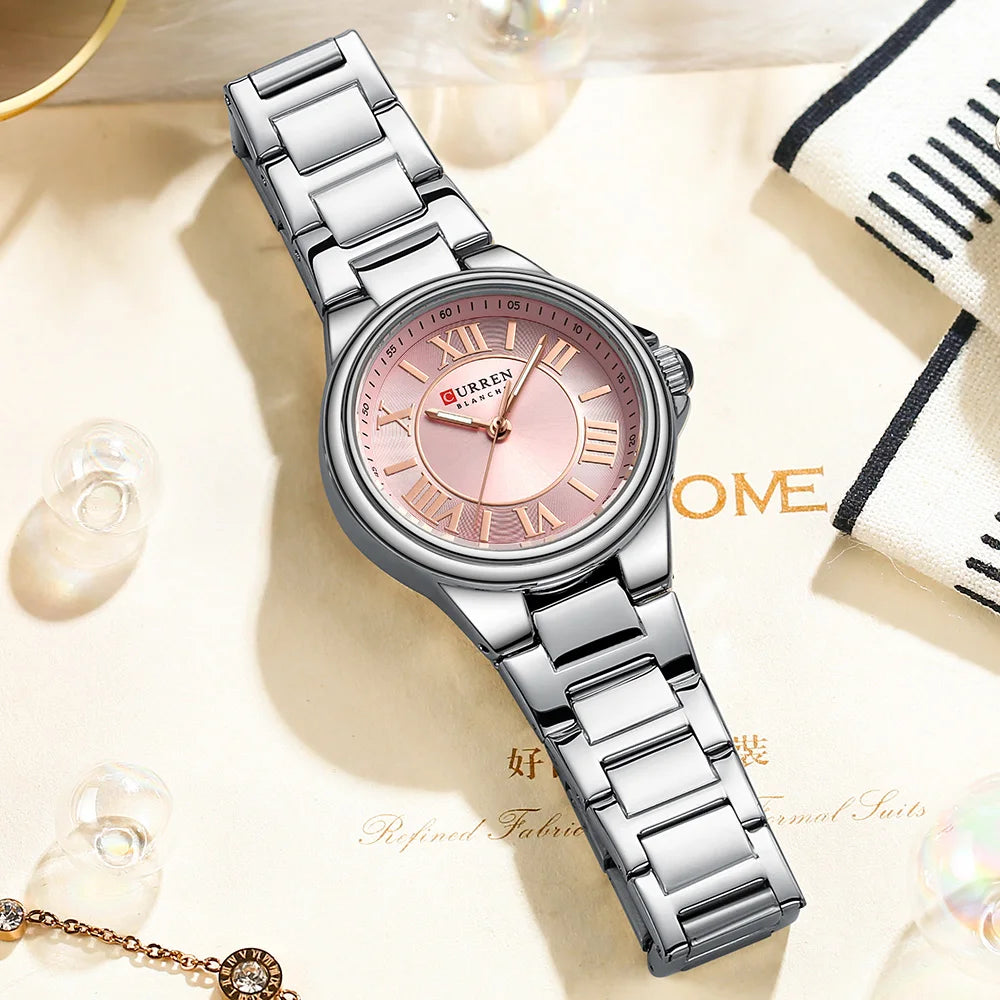 Elegance Enchant 9091 Women's Wristwatch Romantic Charm Fashion Design Thin Quartz Watch with Luminous Hands Stainless Steel Bracelet