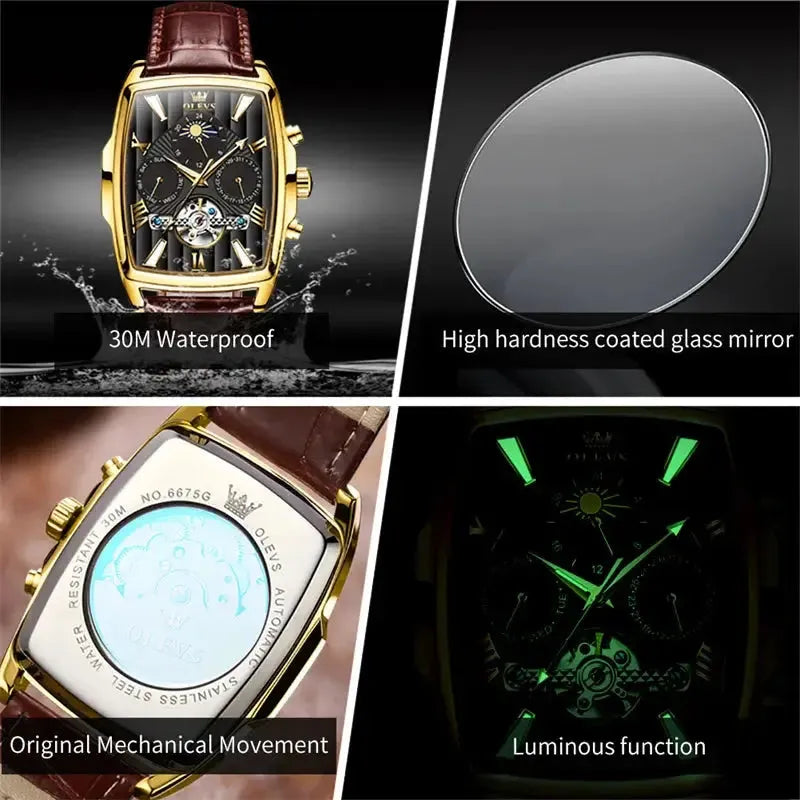 Elegance® 6675 Executive Men Watch Luxury Rectangular Dial Mechanical Watches Waterproof Leather Automatic Luminous Watch Business Men