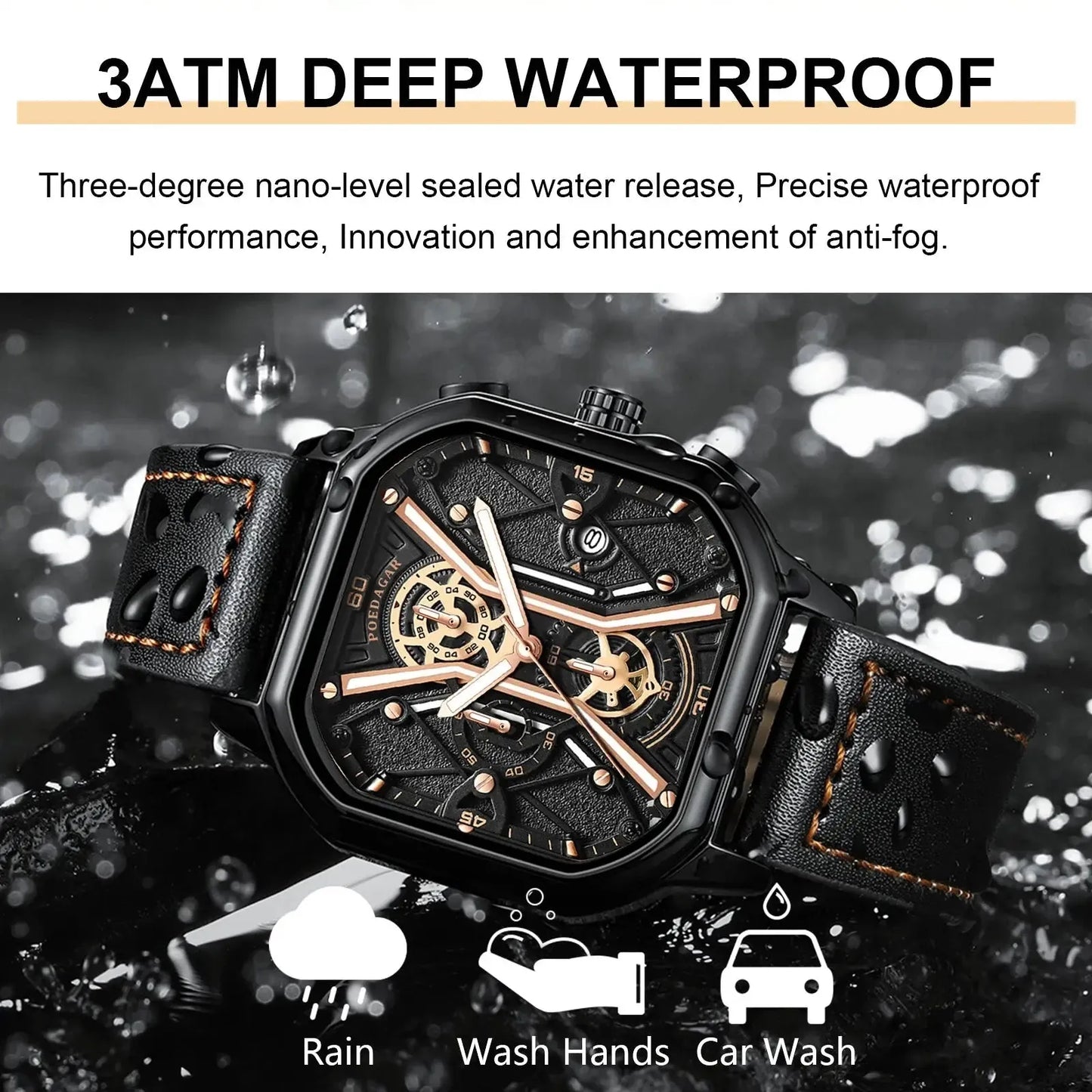 Elegance® 922 Skeleton Luxe Men Wristwatch Luxury Chronograph Luminous Waterproof Date Man Watch Square Dial Leather Quartz Men's Watches