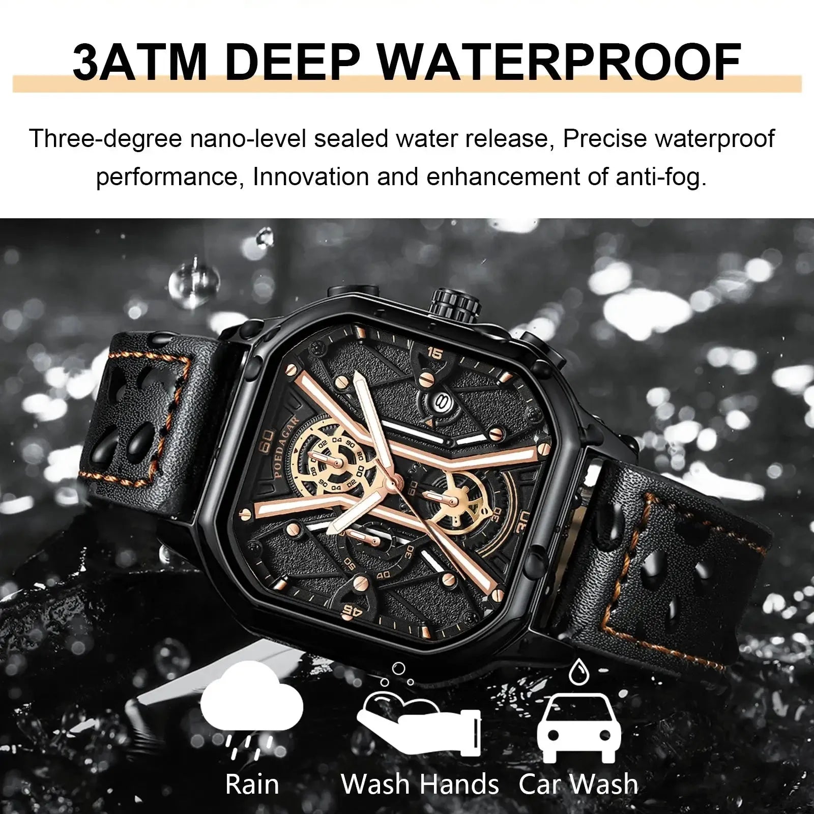 Elegance® 922 Skeleton Luxe Men Wristwatch Luxury Chronograph Luminous Waterproof Date Man Watch Square Dial Leather Quartz Men's Watches