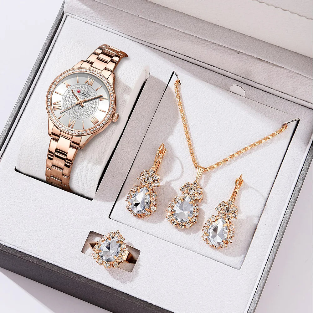 Elegance Luxe Gift Set Luxury Watch Women Ring Necklace Earrings Rhinestone Fashion Wristwatch Female Casual Ladies Watches Bracelet 5PCS Set