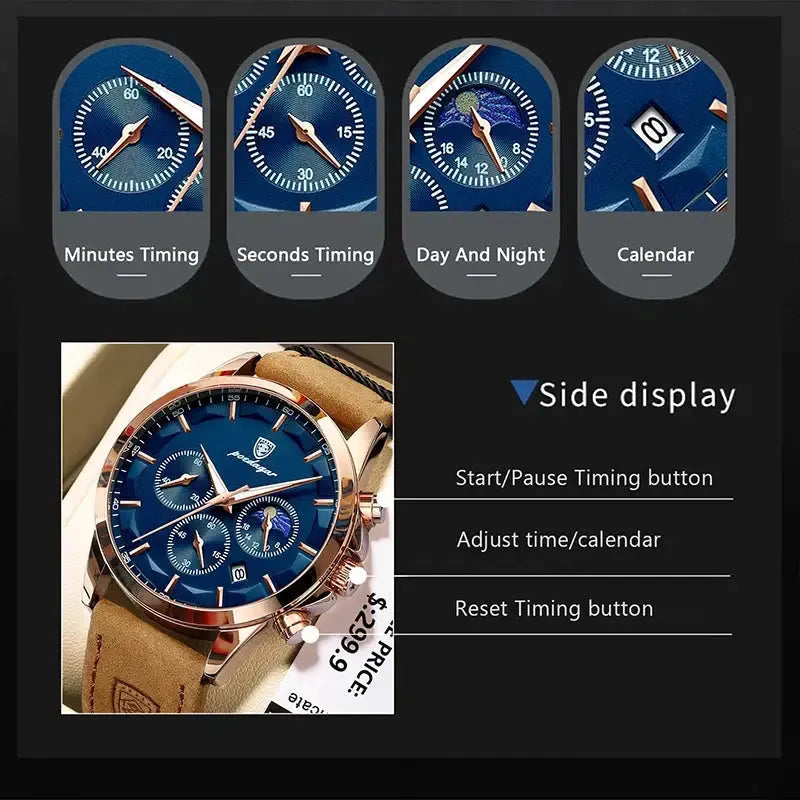 ELEGANCE® Genuine Leather Men's Watch Fashion Luminous Calendar Stopwatch Male Clock Waterproof Moon Phase Quartz Wristwatch POEDAGAR