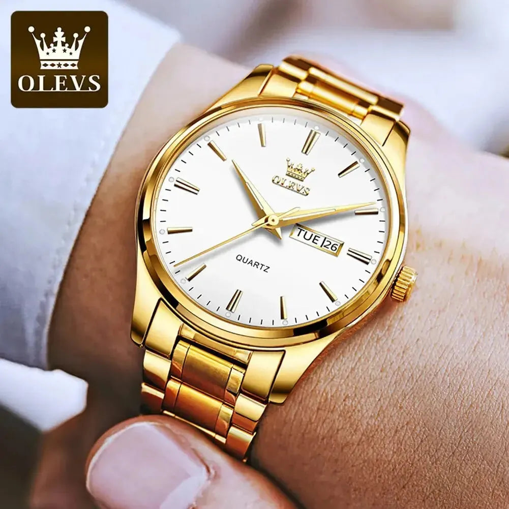 Elegance® 6898 Gold Classic Men Wristwatch Classic Gold Wrist Watches For Top Brand Luxury Business Date Waterproof Luminous Stainless Steel Men Quartz Wristwatch