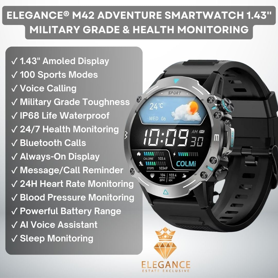 ELEGANCE® M42 Adventure Smartwatch 1.43'' AMOLED Display 100 Sports Modes Voice Calling Smart Watch Men Women Military Grade Toughness Watch