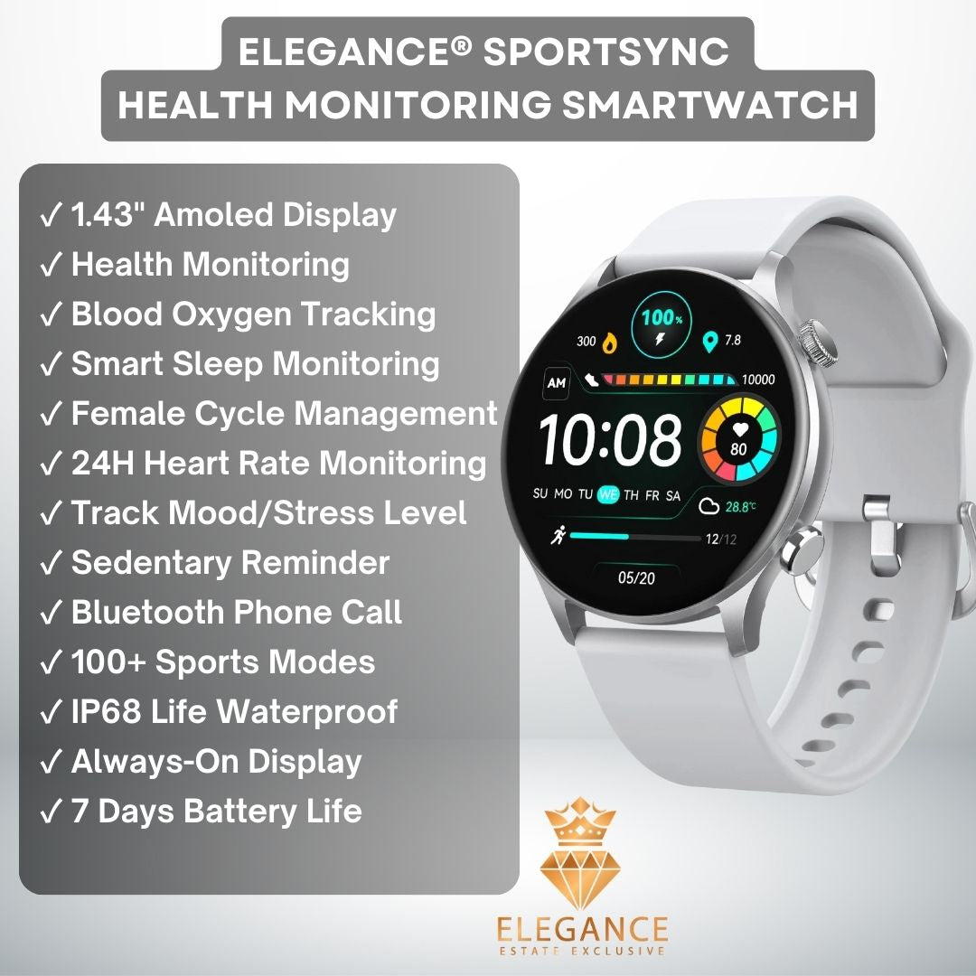 Elegance® SportSync Smartwatch Bluetooth Phone Call 1.43"AMOLED Display Smartwatch Health Monitor IP68 Waterproof Sport Watch