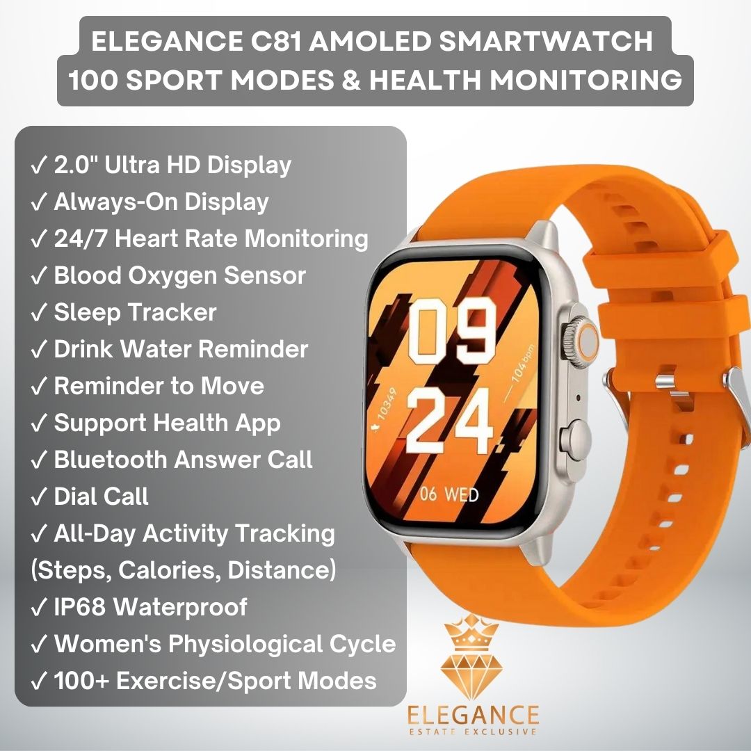 Elegance® C81 Amoled Smart Watch Support AOD 100 Sports Modes IP68 Waterproof Smart Watch For Men & Women 2.0 Inch