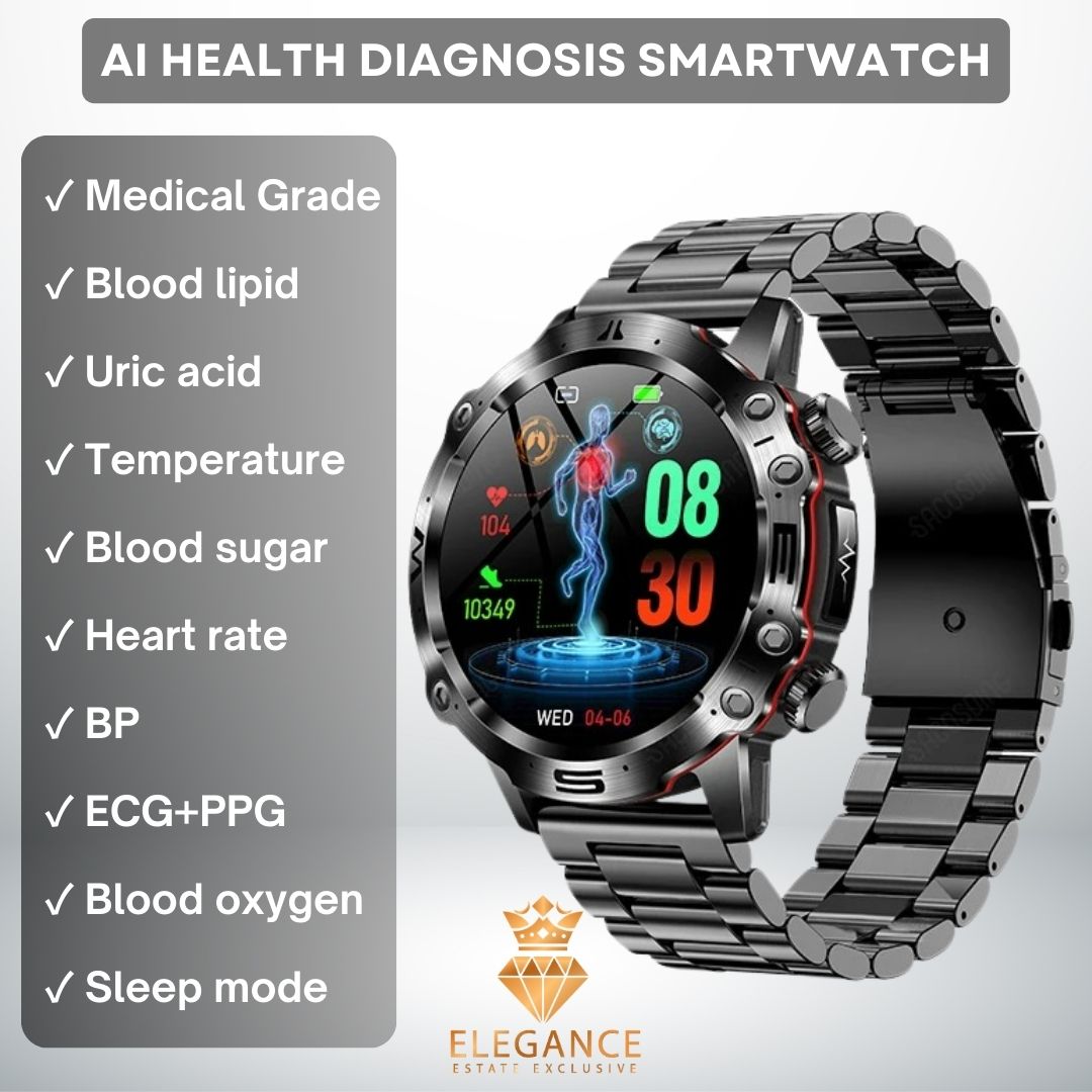 Elegance® AI Health Diagnosis SmartWatch Blood Lipids Uric Acid Blood Glucose Watch - ECG+PPG Fitness Tracker