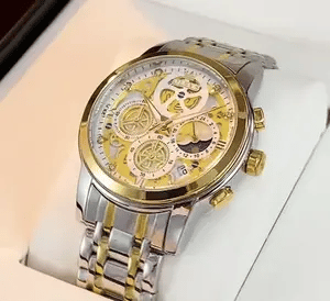 Elegane® 9947 Men's Watches Top Brand Luxury Original Waterproof Quartz Watch for Man Gold Skeleton Style 24 Hour Day Night