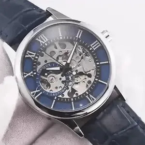 Elegance® Navy Sleek 8020 Men Automatic Watch Mechanical Rome Skeleton 40mm Leather Waterproof Wristwatch