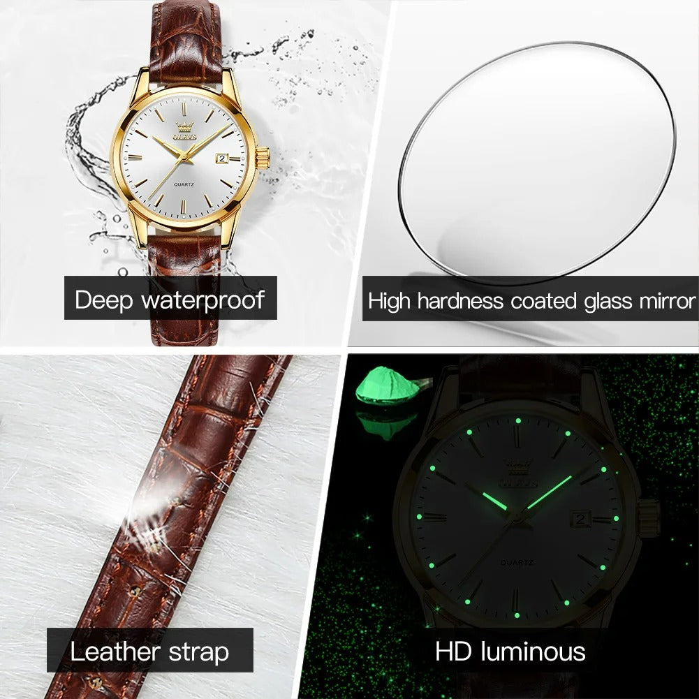 ELEGANCE 6898 Women Watch Fashion Waterproof, PU Strap High Quality Exquisite Quartz Watches For Couple Luminous Calendar