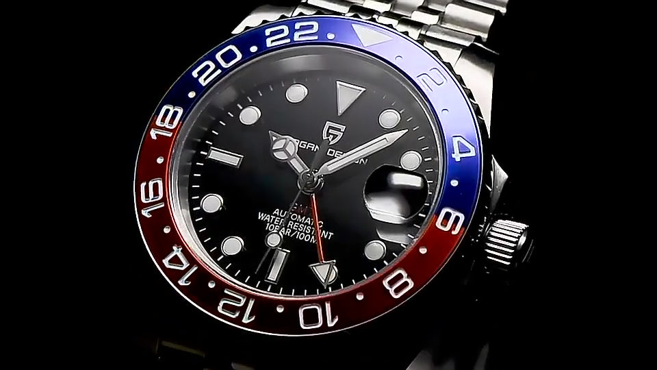 ELEGANCE P1662 Men Watch Automatic Mechanical GMT Wristwatch Sapphire Glass Stainless Steel 100M Waterproof