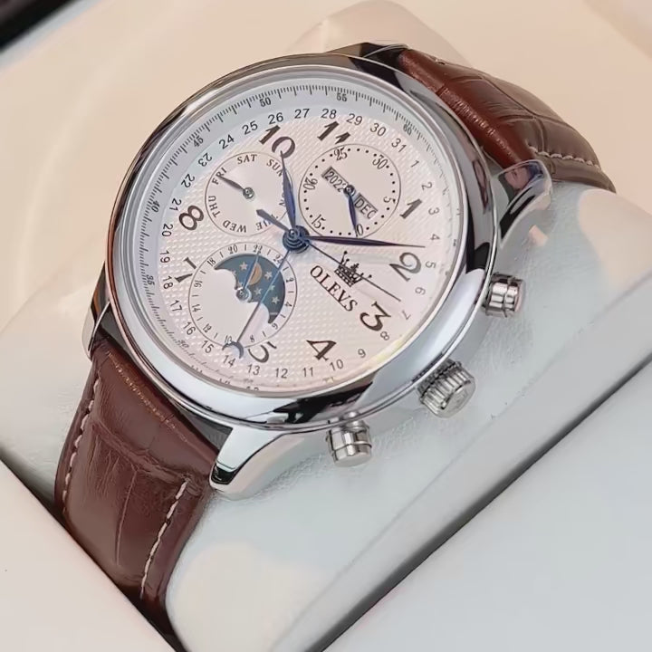 Elegance 6667L Original Men's Automatic Wristwatch Moon Phase Calendar Waterproof Stainless Steel Leather Strap Mechanical Watch for Men