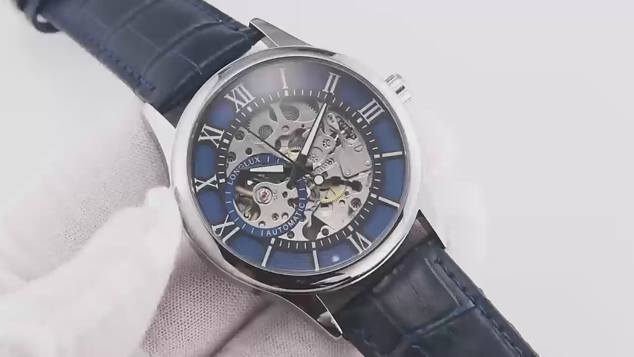 Elegance Navy Sleek 8020 Men Automatic Watch Mechanical Rome Skeleton 40mm Leather Waterproof Wristwatch