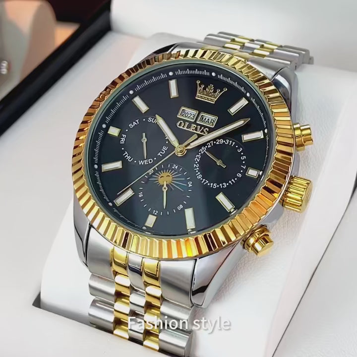 ELEGANCE 6688 Men Watch Fashion Automatic Mechanical Golden Stainless Steel Strap Waterproof Wristwatch with Date Luminous Hands