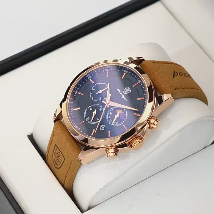 ELEGANCE® Genuine Leather Men's Watch Fashion Luminous Calendar Stopwatch Male Clock Waterproof Moon Phase Quartz Wristwatch POEDAGAR