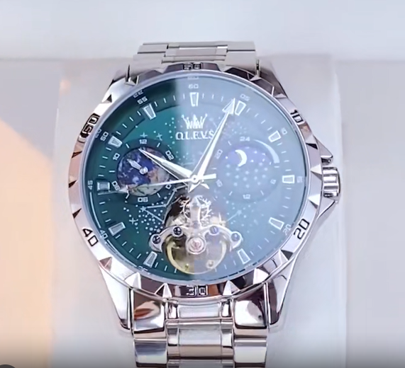 Elegance 6689 Automatic Mechanical Watch for Men Starry Sky 42mm Dial Rotating Seconds Wrist Watch Luminous Star Moon Phase Watch