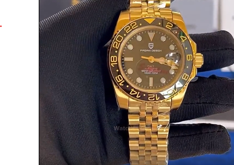 ELEGANCE P1662 GOLD Men Watch Mechanical Luxury Ceramic Bezel Automatic 100M Waterproof GMT Wristwatch