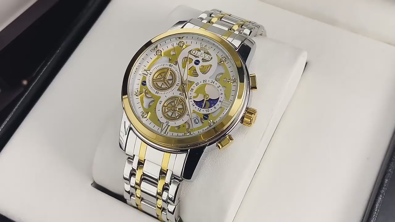Elegance 9947 Men's Watches Top Brand Luxury Original Waterproof Quartz Watch for Man Gold Skeleton Style 24 Hour Day Night