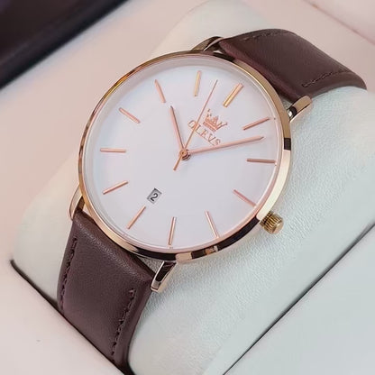 ELEGANCE® 5869 Ultra Thin 6.5mm Men Watch Luxury Quartz Minimalist Waterproof Date Bussiness Watch Fashion Leather Strap