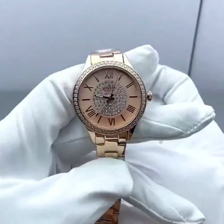 Elegance Opulent Rose 9084 Watch Luxury Rhinestones Rose Dial Fashion Watches with Stainless Steel Band New Quartz Wristwatches for Women