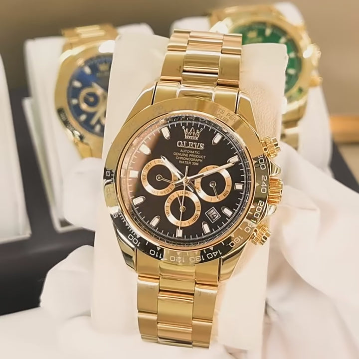 ELEGANCE 6638 Gold Stainless Steel Watches for Men Automatic Chronograph - Gold Bezel & Waterproof & Luminous & Date