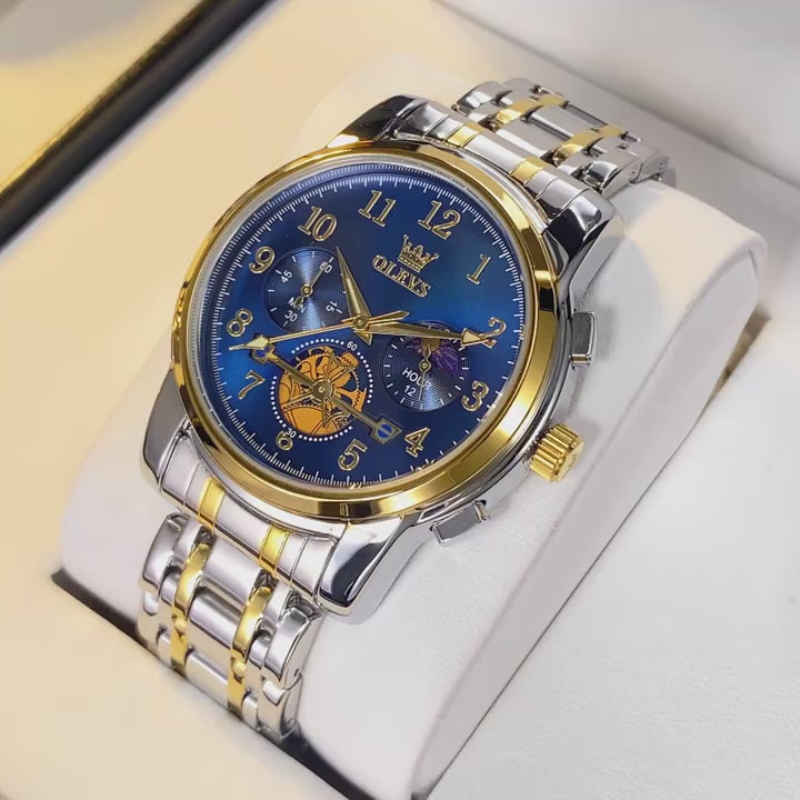 ELEGANCE Celestial Timekeeper 2900 Moon Phase Watch Men Stainless Steel Waterproof Luminous  Fashion Skeleton Chronograph Quartz Wrist Watch for Men