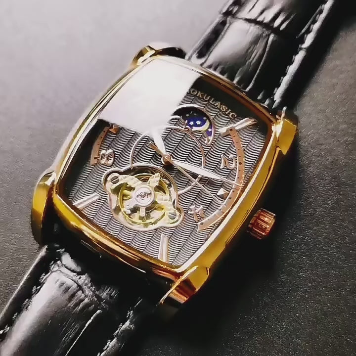 Elegance Tonneau 005 Moon Phase Automatic Watch for Men Luxury Brand Tourbillon Skeleton Mechanical Watches Leather Belt Luminous Hands Clock