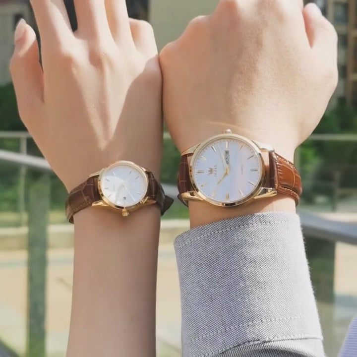 ELEGANCE 6898 Fashion Waterproof Couple Wristwatches, PU Strap High Quality Exquisite Quartz Watches For Couple Luminous Calendar