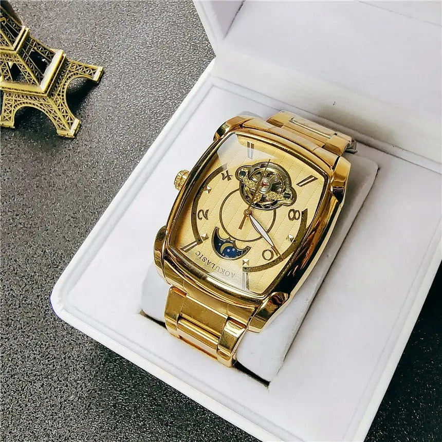 Elegance Tonneau 005 Moon Phase Automatic Watch for Men Luxury Brand Tourbillon Skeleton Mechanical Watches Leather Belt Luminous Hands Clock