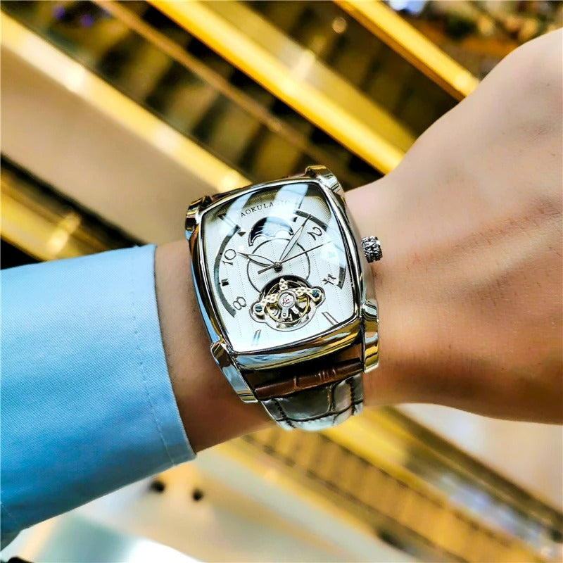 Elegance Tonneau 005 Moon Phase Automatic Watch for Men Luxury Brand Tourbillon Skeleton Mechanical Watches Leather Belt Luminous Hands Clock