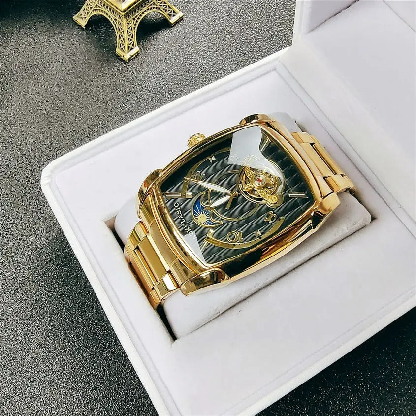 Elegance Tonneau 005 Moon Phase Automatic Watch for Men Luxury Brand Tourbillon Skeleton Mechanical Watches Leather Belt Luminous Hands Clock