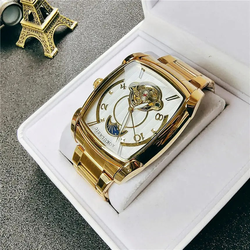 Elegance Tonneau 005 Moon Phase Automatic Watch for Men Luxury Brand Tourbillon Skeleton Mechanical Watches Leather Belt Luminous Hands Clock