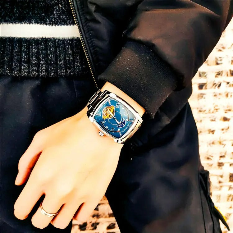 Elegance Tonneau 005 Moon Phase Automatic Watch for Men Luxury Brand Tourbillon Skeleton Mechanical Watches Leather Belt Luminous Hands Clock