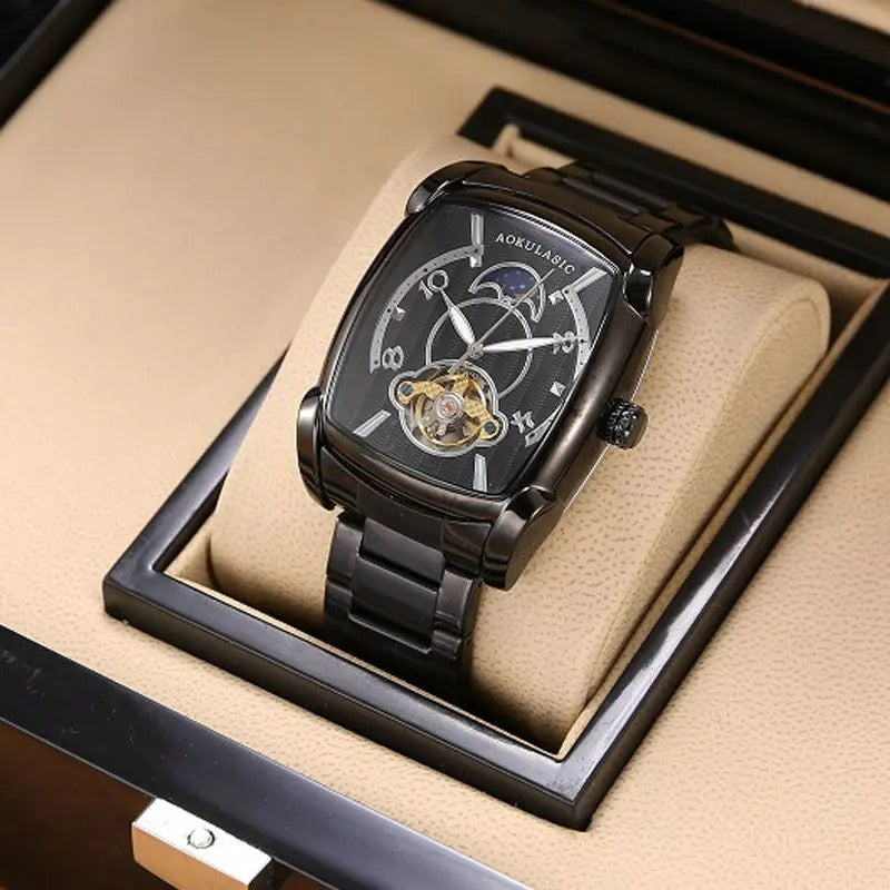 Elegance Tonneau 005 Moon Phase Automatic Watch for Men Luxury Brand Tourbillon Skeleton Mechanical Watches Leather Belt Luminous Hands Clock
