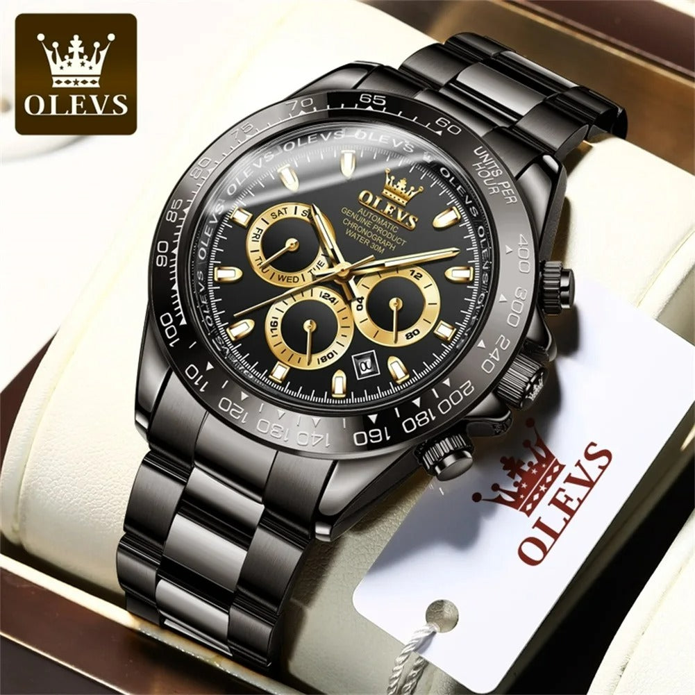 ELEGANCE 6638 Gold Stainless Steel Watches for Men Automatic Chronograph - Gold Bezel & Waterproof & Luminous & Date