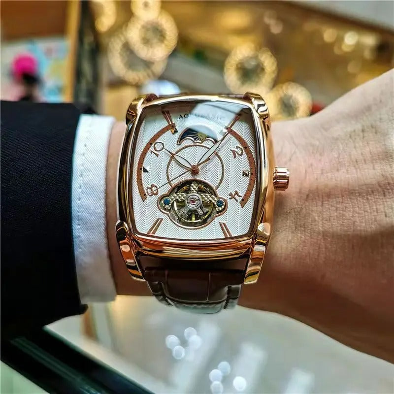 Elegance Tonneau 005 Moon Phase Automatic Watch for Men Luxury Brand Tourbillon Skeleton Mechanical Watches Leather Belt Luminous Hands Clock