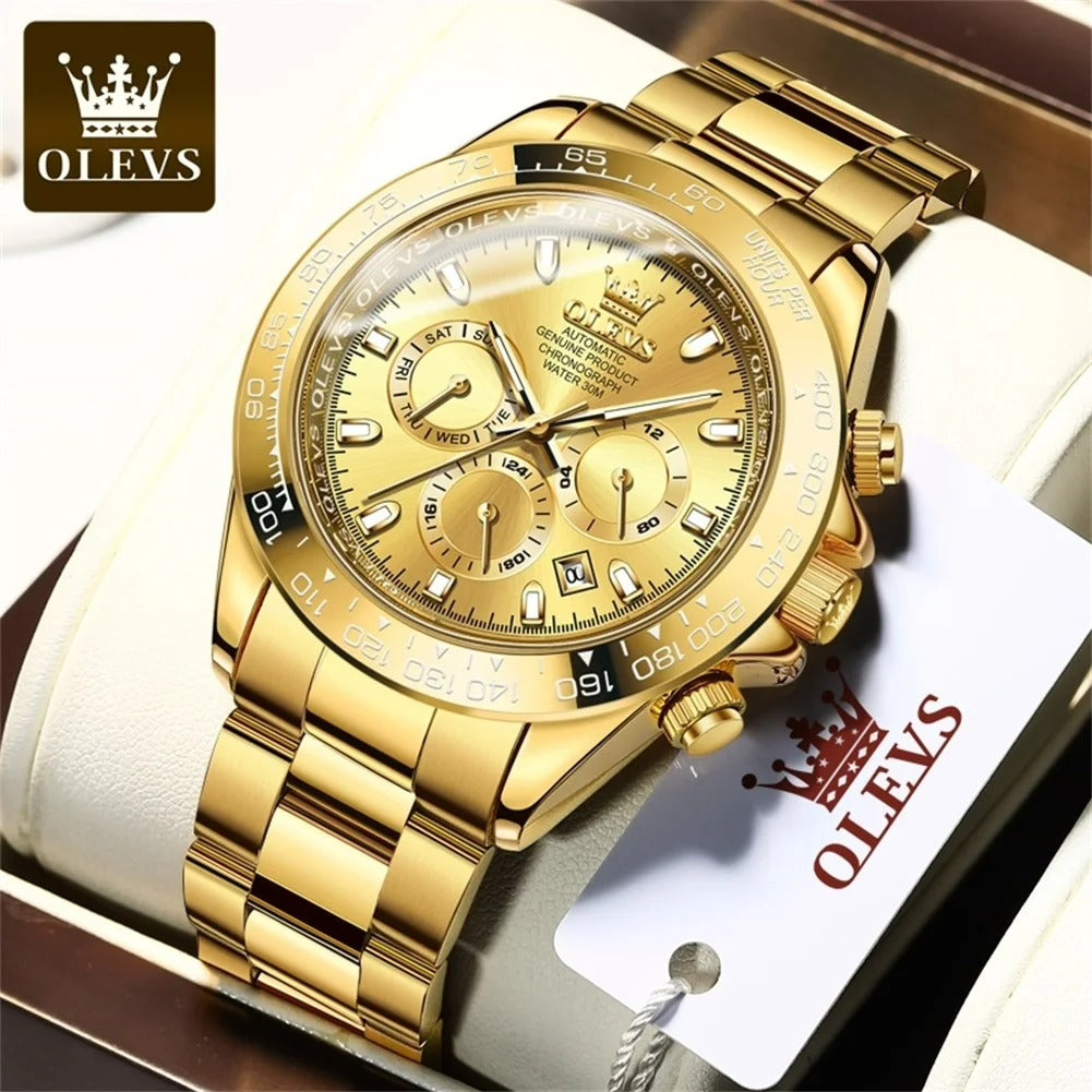 ELEGANCE 6638 Gold Stainless Steel Watches for Men Automatic Chronograph - Gold Bezel & Waterproof & Luminous & Date