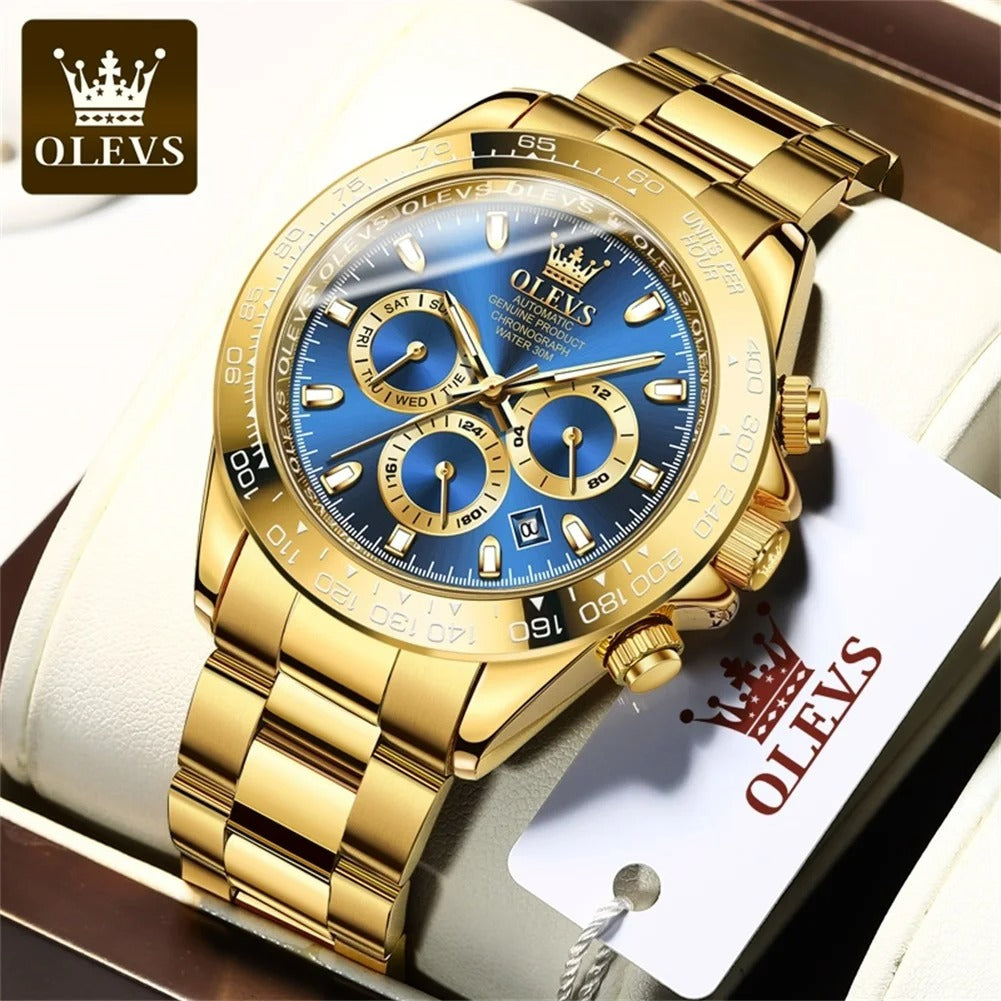 ELEGANCE 6638 Gold Stainless Steel Watches for Men Automatic Chronograph - Gold Bezel & Waterproof & Luminous & Date