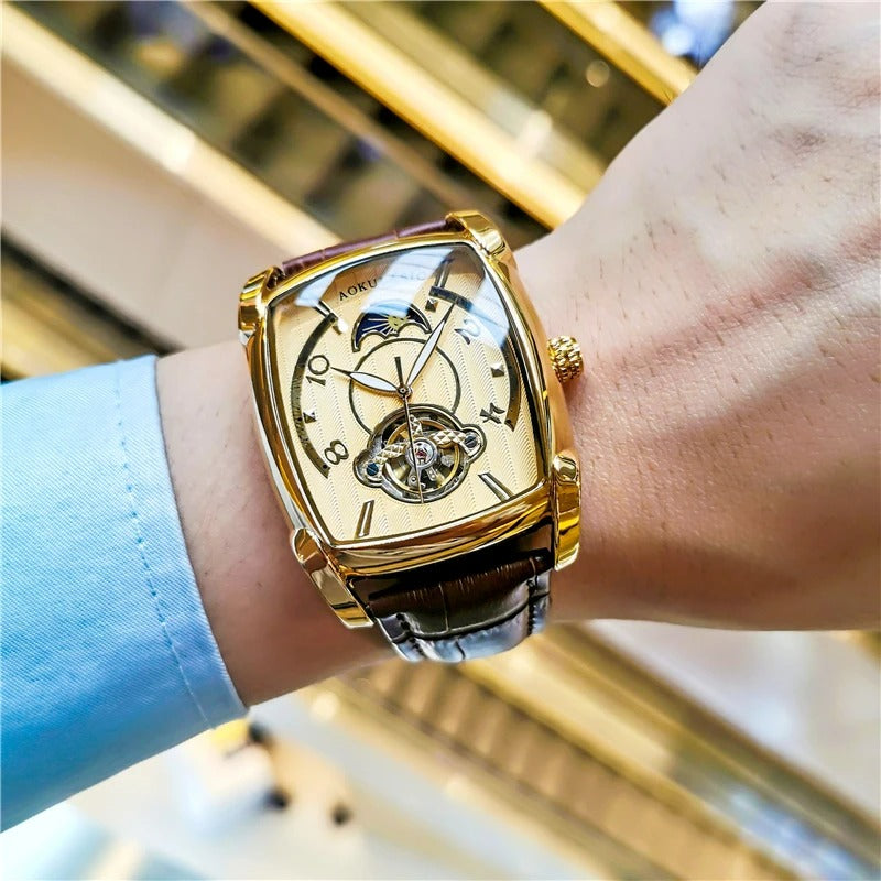Elegance Tonneau 005 Moon Phase Automatic Watch for Men Luxury Brand Tourbillon Skeleton Mechanical Watches Leather Belt Luminous Hands Clock